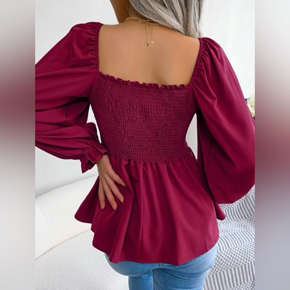 A26 Square Neck Smocked Blouse Flounced Long Sleeve Maroon Puff Sleeve sz Small - Picture 3 of 15